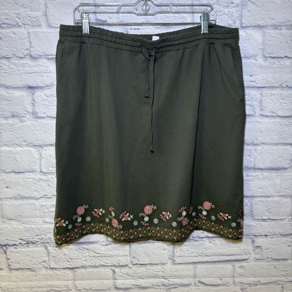 J Jill Skirt Green Large Tall Watercross Embroidered Flowers Drawstring Pockets